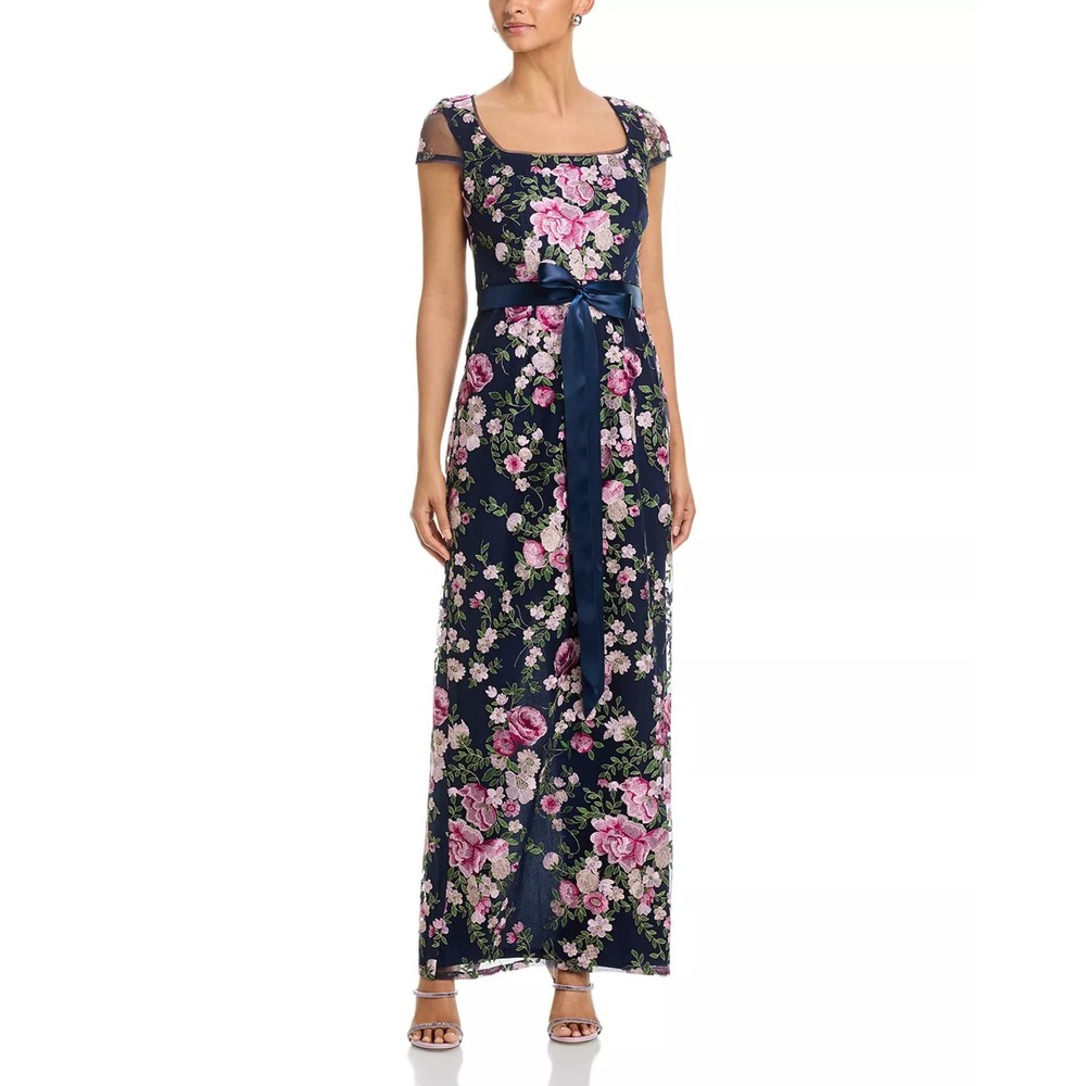 Adrianna Papell Cascading Floral Column Gown Navy Blush Size 2 New With Tags